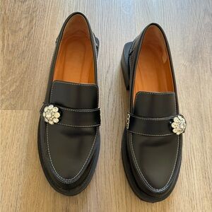 GANNI Leather Crystal Embellishments Loafers